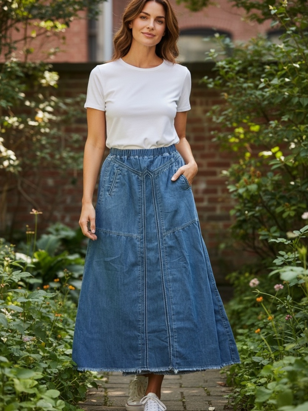 Denim Maxi Skirt with Elastic Waist - Blue - Picture 2 of 3
